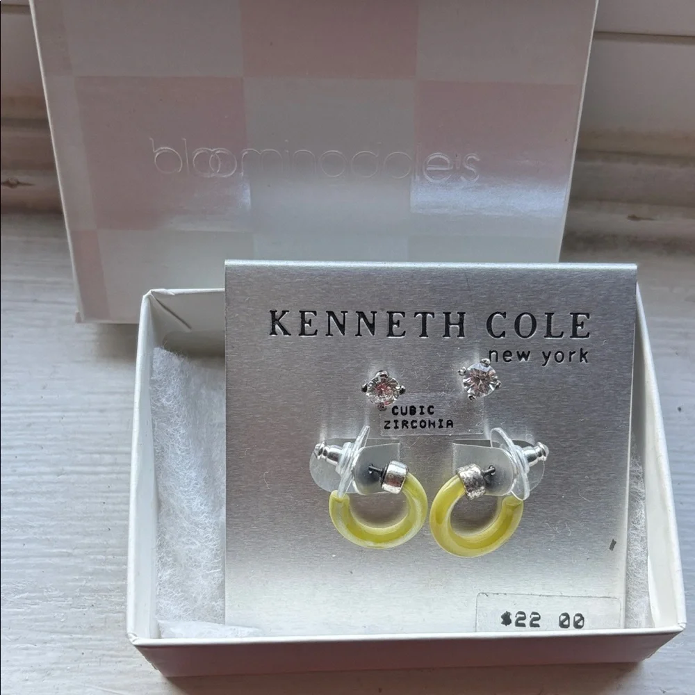 2prs Kenneth Cole Silver Cubic Zirconia Studs & Yellow Hoop Huggies gift box NWT